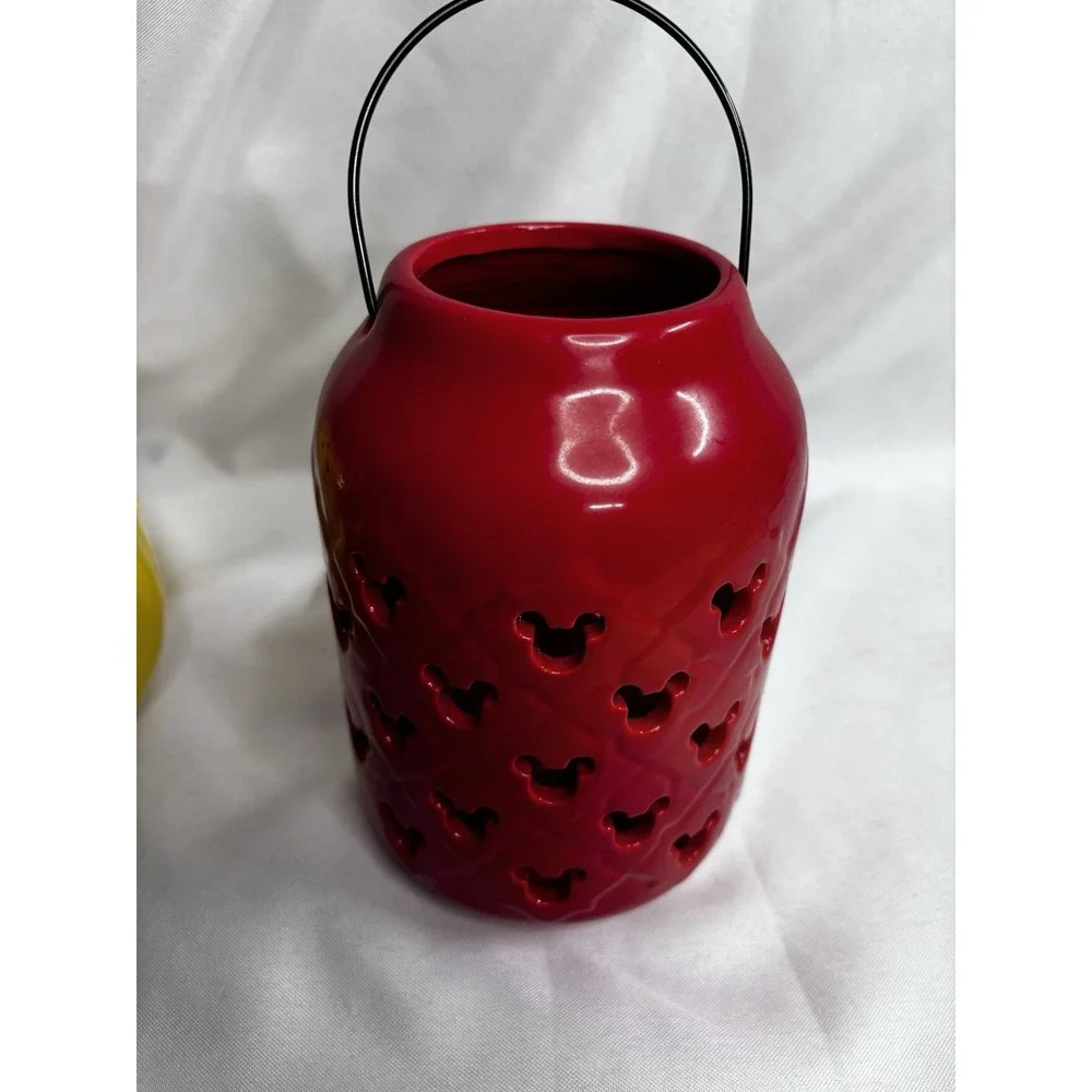 Disney Mickey Mouse Red‎ Ceramic Lantern Garden 7 Inch Tall Wire Handle Glaze